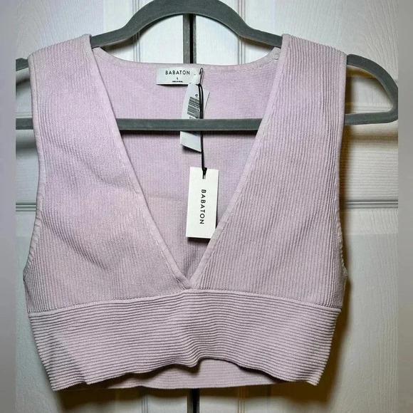 Aritzia Tops - Aritzia Babaton Halo Pink Sculpt Knit Deep V Tank - Size L